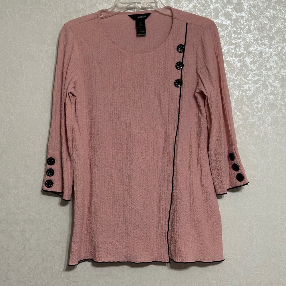 Ali Miles Pink Crinkled Tunic Top Textured Knit 3/4 Sleeve‎ Casual Feminine XS
